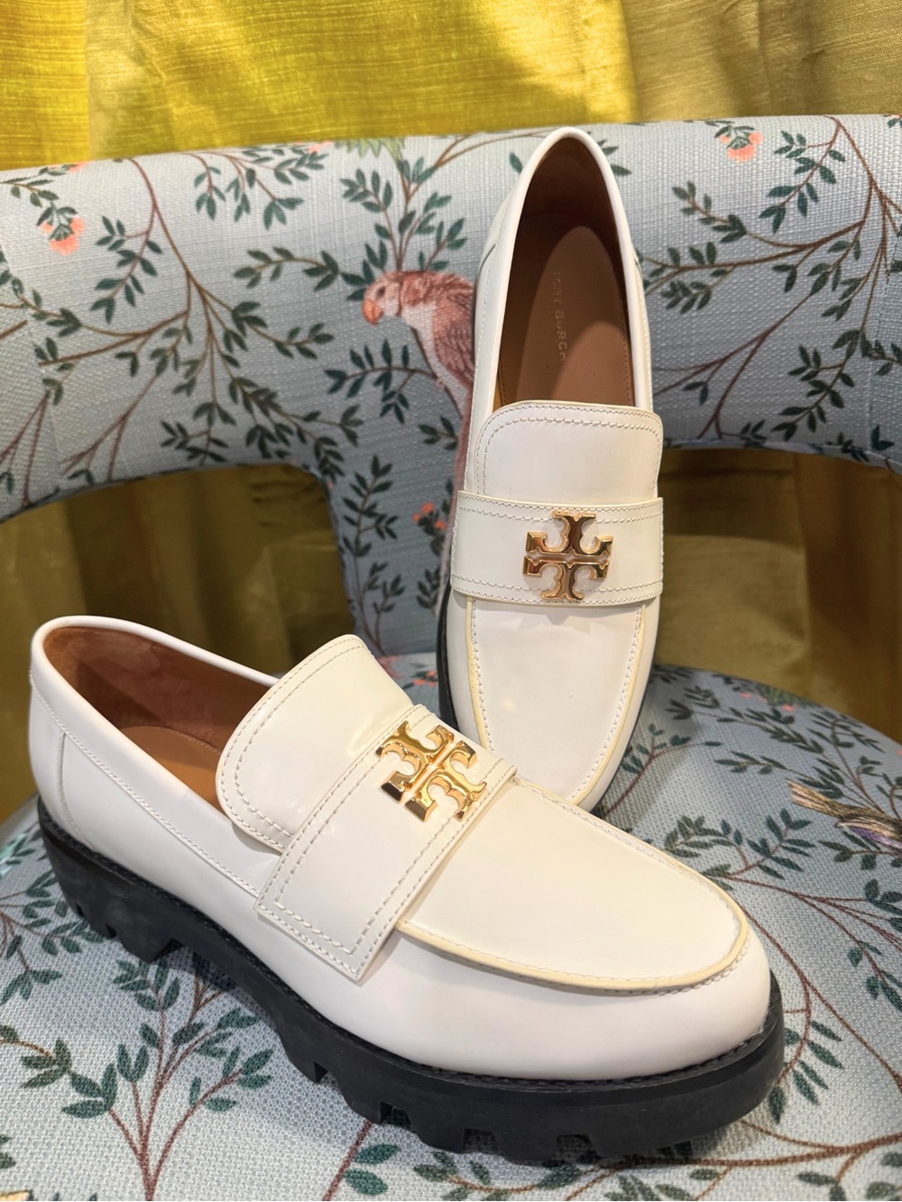 Tory Burch Cream Leather Platform Penny Loafers with Gold Logo